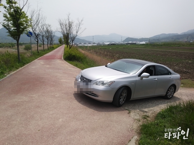 2019년 5월 1일 낮 12시께 전북 전주시 완산구 삼천자전거길과 이어진 농로에서 고급 외제 승용차가 익숙한 듯 자전거길로 진입하고 있다./사진=독자제공 