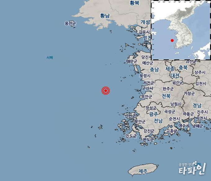 2019년 7월 22일 오전 1시 15분께 군산시 어청도 남서쪽 50㎞ 해역에서 규모 2.0의 지진 발생 지역./이미지=기상청 누리집 갈무리