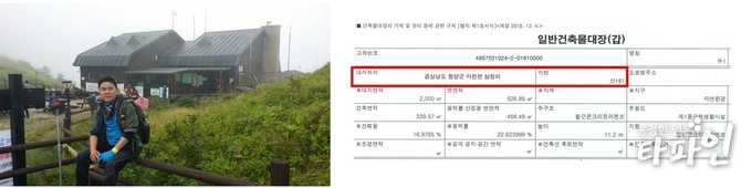 20여년 전부터 설치된 지리산국립공원 벽소령 대피소가 경남도 하동군 화개면 대성리가 아닌 경남도 함양군 마천면 삼정리 산161 번지에 위치해 있음이 최근 밝혀졌다. 왼쪽 사진은 2015년 지리산을 알게 해준 동희형님께서 지금은 경남 함양군 지리산국립공원 벽소령 대피소를 배경으로 멋진 포즈를 취하고 있다.(함양군 제공)2020.2.6/타파인