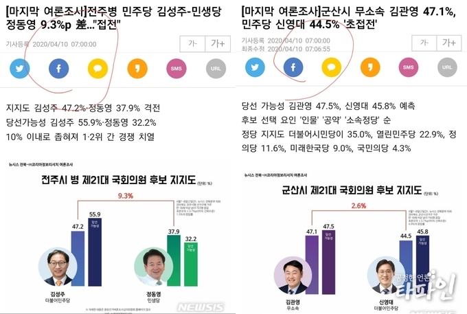 10일 민주당 전북도당은 N통신사 전북 취재본부의 최근 여론조사 결과에 민주당이 성명을 통해 법적 책임을 묻겠다고 밝혔다.(N통신사 화면 캡쳐)2020.4.10/타파인