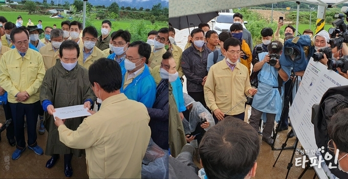 지난 10일 오후 4시 30분 전북 남원시 금지면 귀석리 금곡교 제방이 붕괴된 현장에서 이환주 남원시장이 정세균 국무총리와 송하진 전북지사에게 현장 상황에 대해 설명하고 있다.(타파인DB)2020.8.10/타파인