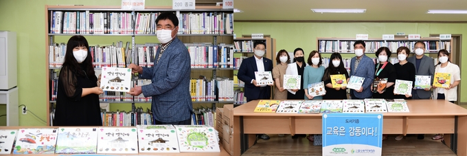 7일 전북 남원시에 따르면 전북공공형어린이집연합회(회장 송정임 왼쪽사진 왼쪽 첫번째)와 (사)출산육아교육협회, 전북도의회 문화건설안전위원장 이정린 의원(오른쪽사진 왼쪽 첫번째), 남원시의회 한명숙 의원(오른쪽사진 오른쪽 네번째)과 함께 추진한 도서 기증식으로 어린이집을 이용하는 아동뿐만 아니라 영·유아기 아동을 둔 부모에게 좋은 소식이다고 밝혔다.(남원시 제공)2021.7.7/타파인