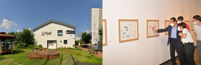 전북 순창군 옥천미술관측에 따르면 지난 3일 황숙주 순창군수(온른쪽 왼쪽부터 두번째)가 옥천골미술관을 방문해 전시회를 둘러보며, 미술관에 모인 미래의 어린 화가들의 재능에 놀라움을 감추지 못했다고 밝혔다. 왼쪽 사진은 미술관을 둘러보던 황 군수에게 자신이 그린 그림을 설명하는 여지원 학생과 순창군 관계자의 모습이다.(순창군 제공)2021.8.4/타파인