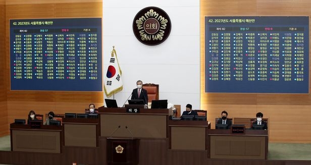 16일 서울시의회에서 열린 제315회 정례회 제6차 본회의에서 2023년도 서울시 예산안이 가결되고 있다. 예산안은 재석 93명 중 찬성 70명 반대 15명 기권 8명으로 가결됐다. /서울시의회