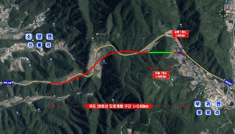 25일 진안군에 따르면 보룡재가 예타대상사업에 선정됐다고 밝혔다.(붉은색선이 선형개량 계획도로 사진=진안군)